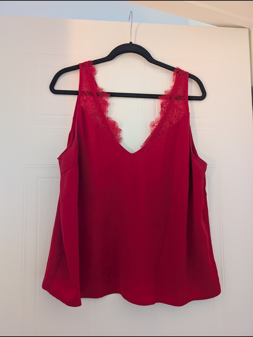 H&M Red Lace-Trim Satin V-Neck Tank